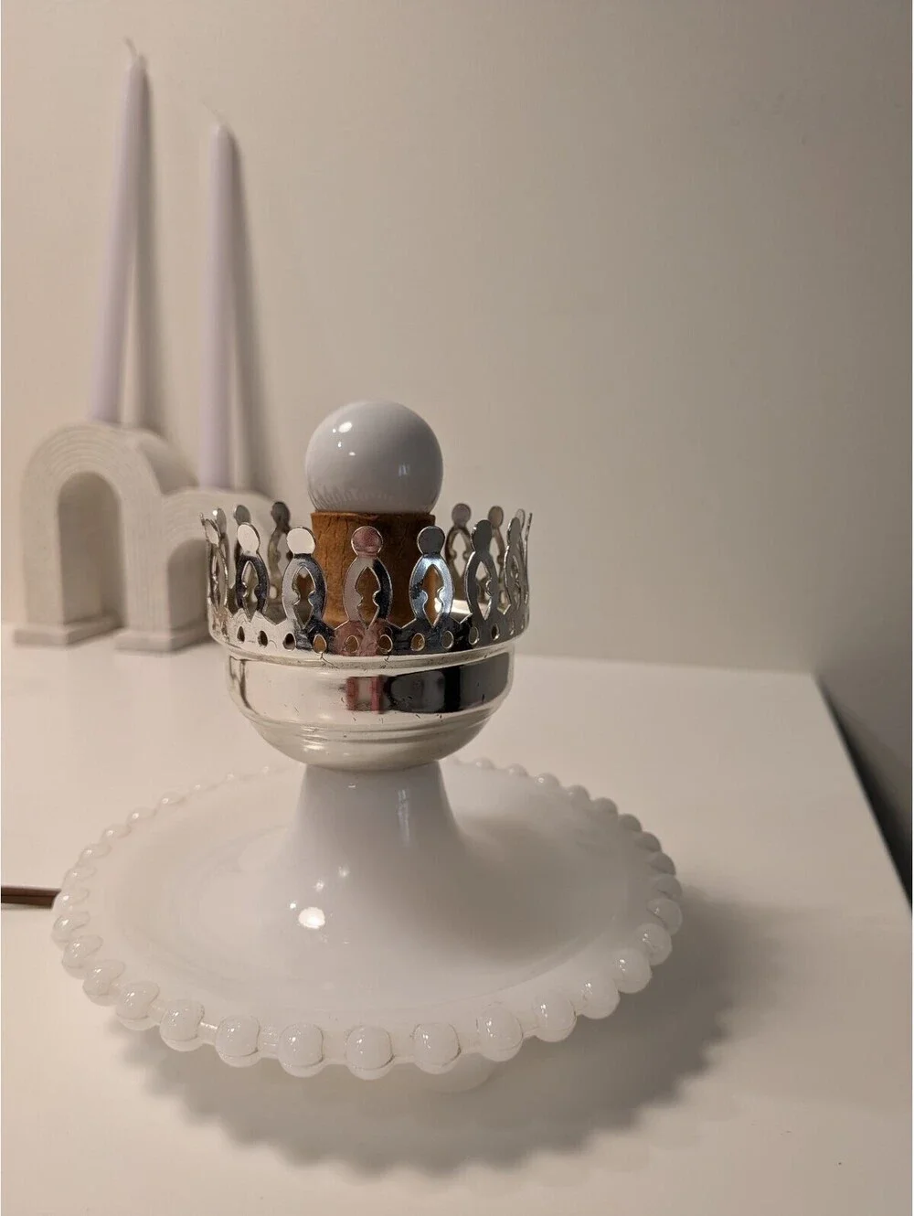 Vintage Milk Glass Table Lamp Ring Base Works Vtg MCM Cottage Core Whimsical